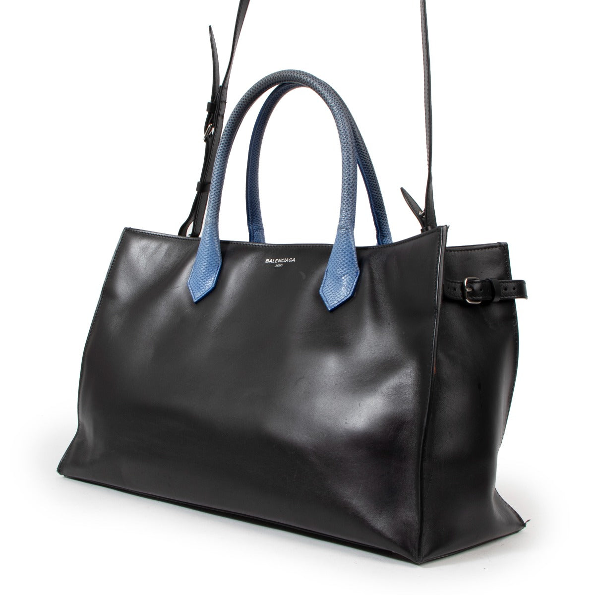 Balenciaga Padlock Work S Bag Black Calfskin & Electric Blue Karung Snake