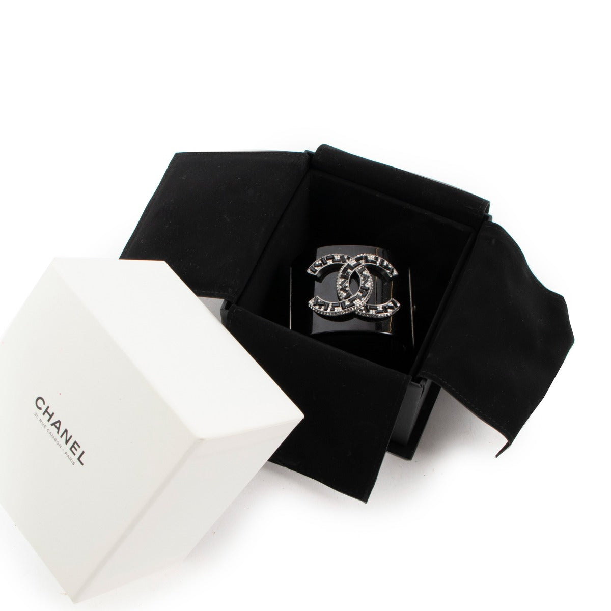 Chanel 2015 Black CC Crystal Resin Cuff Bangle Bracelet