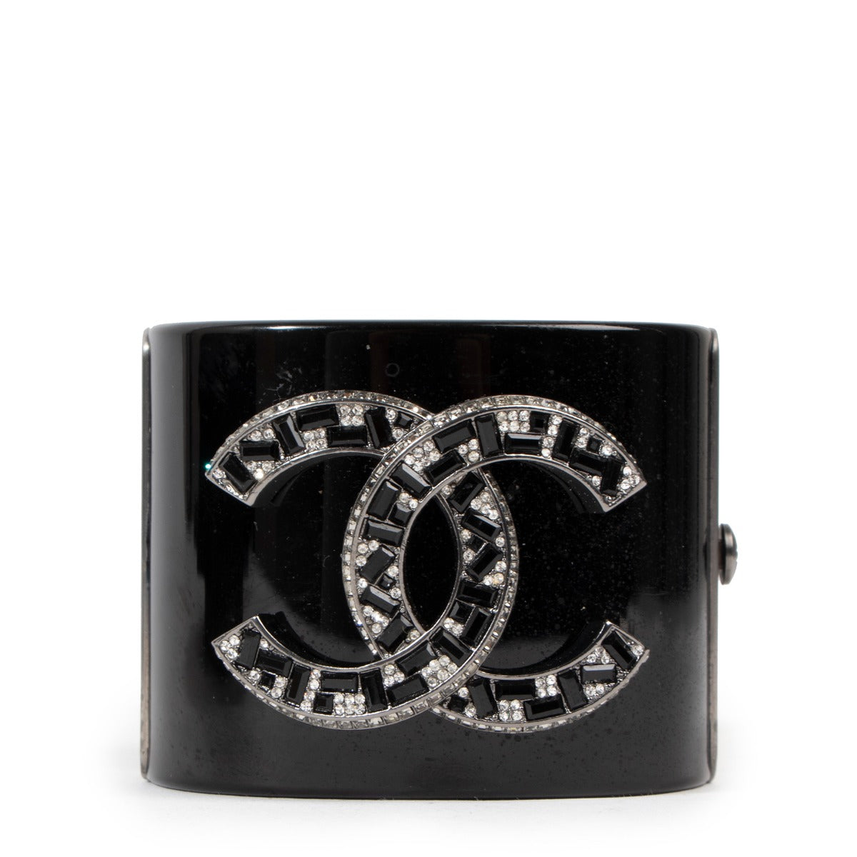 Chanel 2015 Black CC Crystal Resin Cuff Bangle Bracelet
