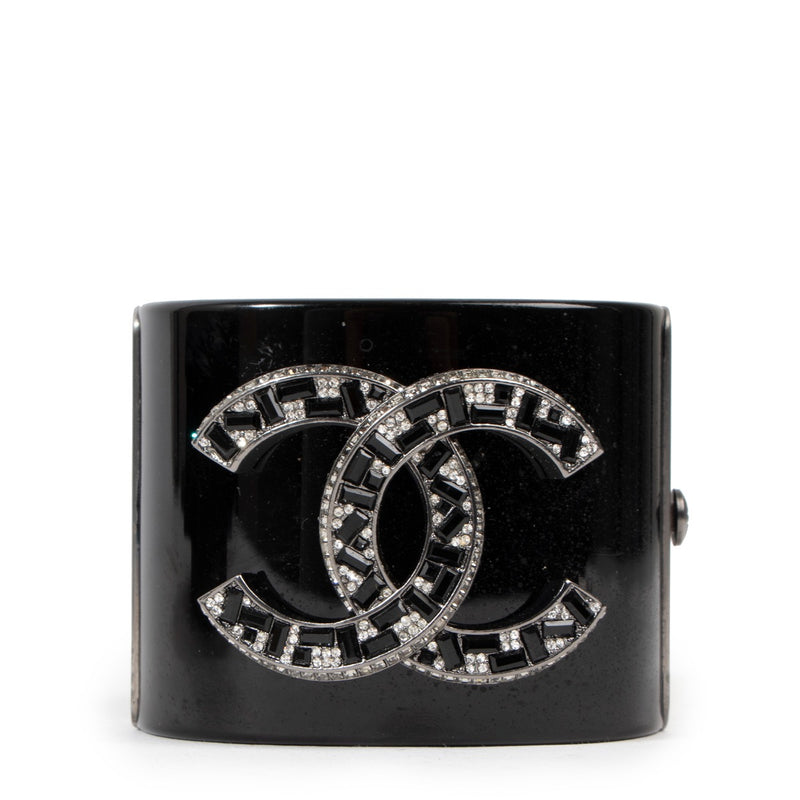 Chanel 2015 Black CC Crystal Resin Cuff Bangle Bracelet