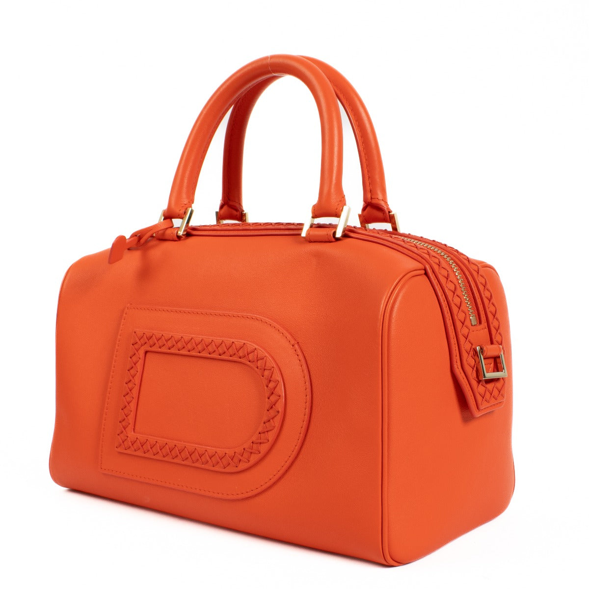 Delvaux Red Louis Boston top handle bag with wafted details and gold hardware, including a long strap for versatile wear. Shop now on Labellov.com.