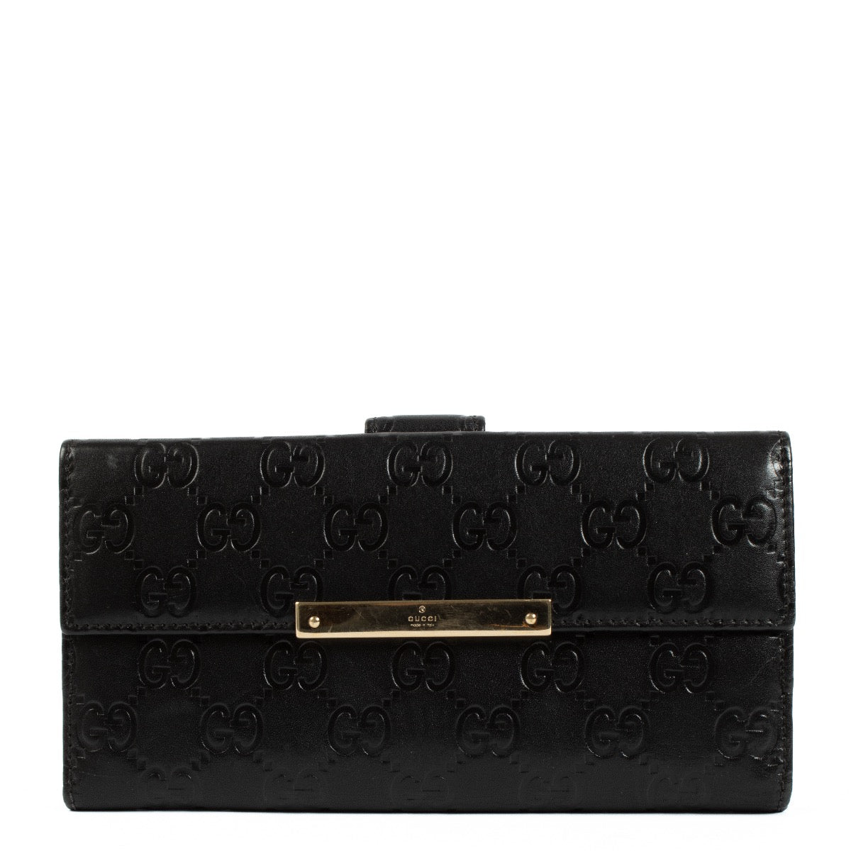 Buy authentic second hand Gucci Monogram Black Embossed Leather Checkbook Wallet at Labellov.com
