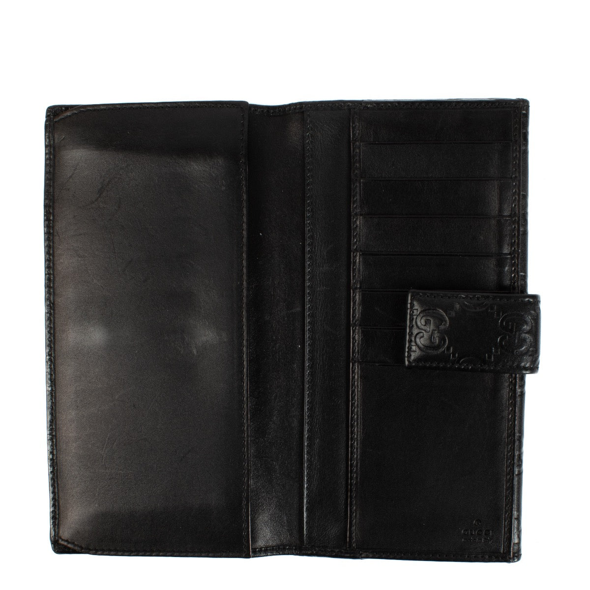 Buy authentic second hand Gucci Monogram Black Embossed Leather Checkbook Wallet at Labellov.com