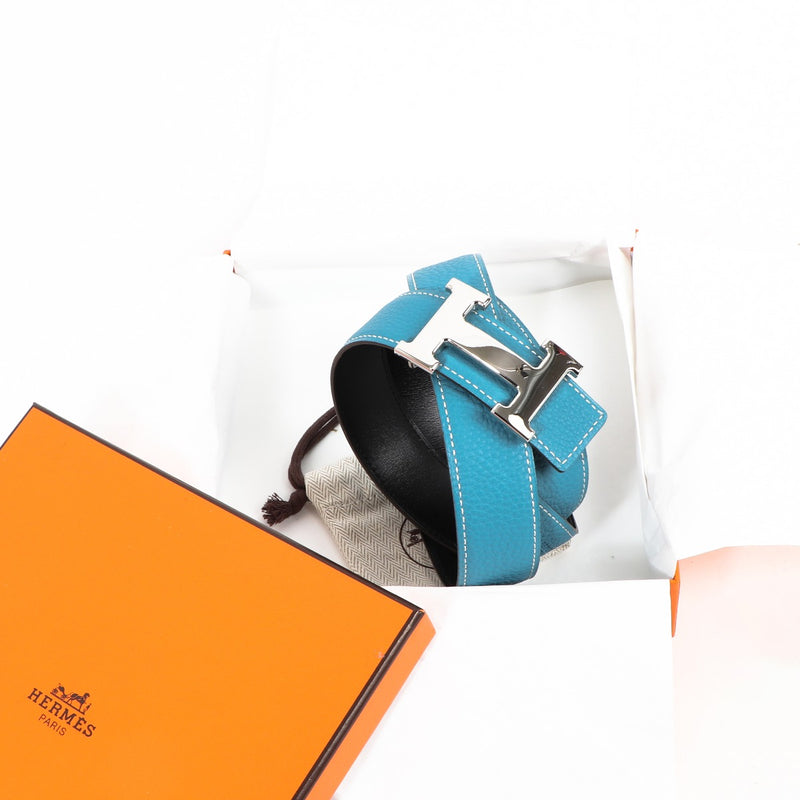 Hermès Omkeerbare Blauwe Togo/Zwarte Tadelakt Constance H Riem - Maat 90