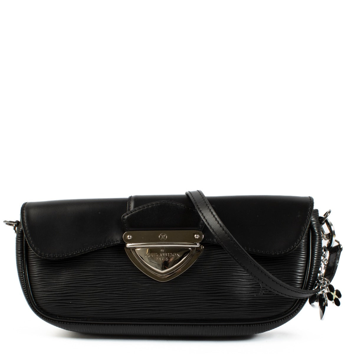 Louis Vuitton black pochette with silver hardware and iconic ribbed leather, featuring a keychain with Louis Vuitton's signature shapes. Shop now on Labellov.com.