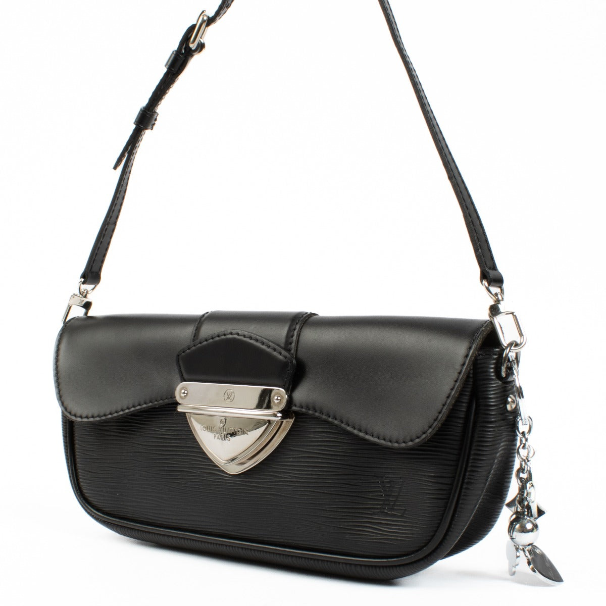 Louis Vuitton black pochette with silver hardware and iconic ribbed leather, featuring a keychain with Louis Vuitton's signature shapes. Shop now on Labellov.com.