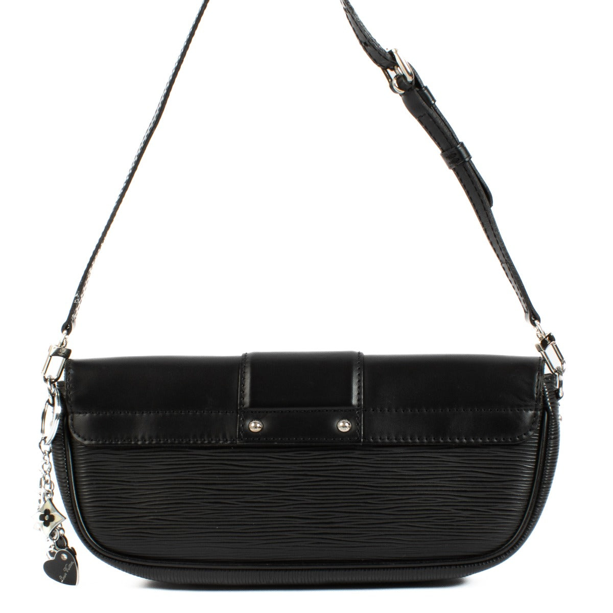 Louis Vuitton black pochette with silver hardware and iconic ribbed leather, featuring a keychain with Louis Vuitton's signature shapes. Shop now on Labellov.com.