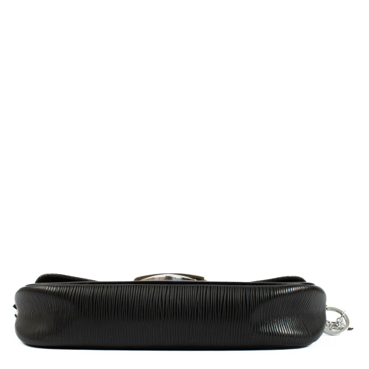 Louis Vuitton black pochette with silver hardware and iconic ribbed leather, featuring a keychain with Louis Vuitton's signature shapes. Shop now on Labellov.com.