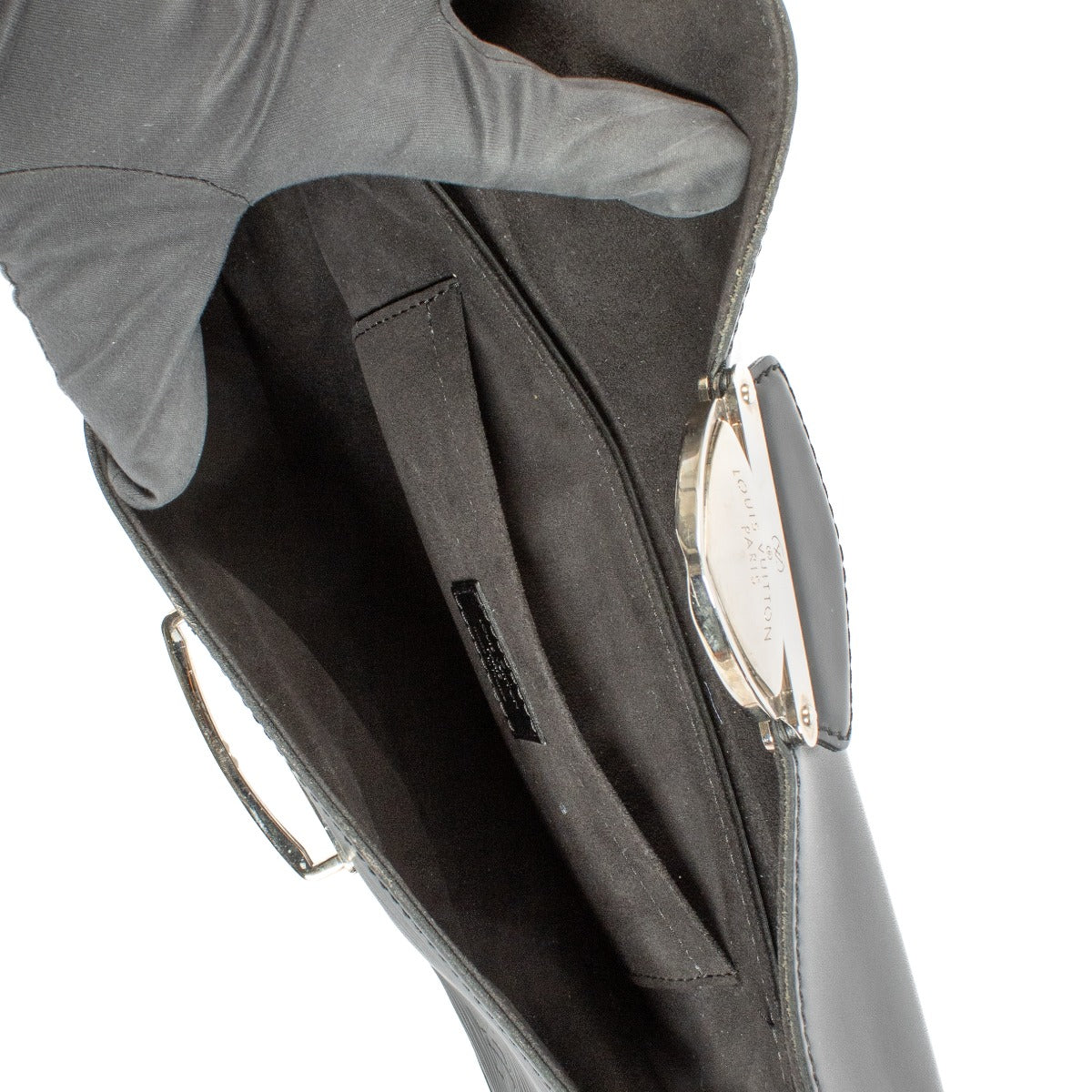 Louis Vuitton black pochette with silver hardware and iconic ribbed leather, featuring a keychain with Louis Vuitton's signature shapes. Shop now on Labellov.com.