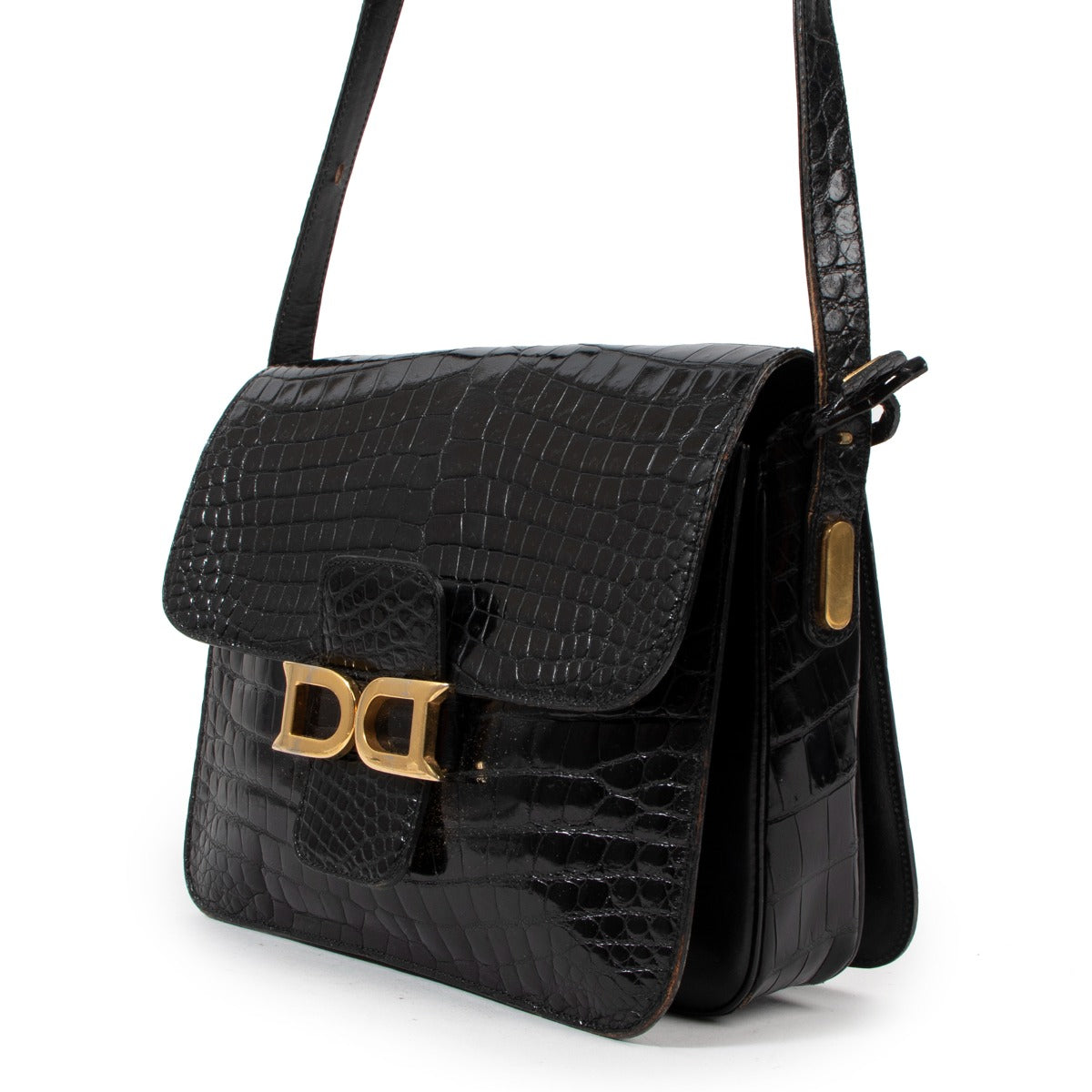Delvaux 1980s Bourgogne Black Crocodile Crossbody Bag