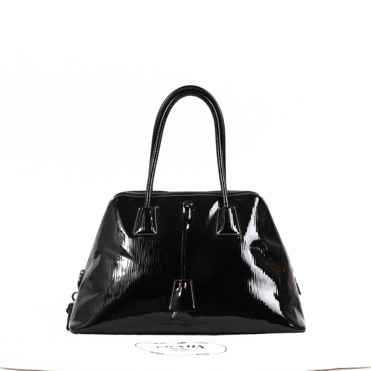 Buy an authentic second-hand Prada Black Patent Leather Spazzolato Logo Top Handle Bag in very good condition at Labellov in Antwerp.