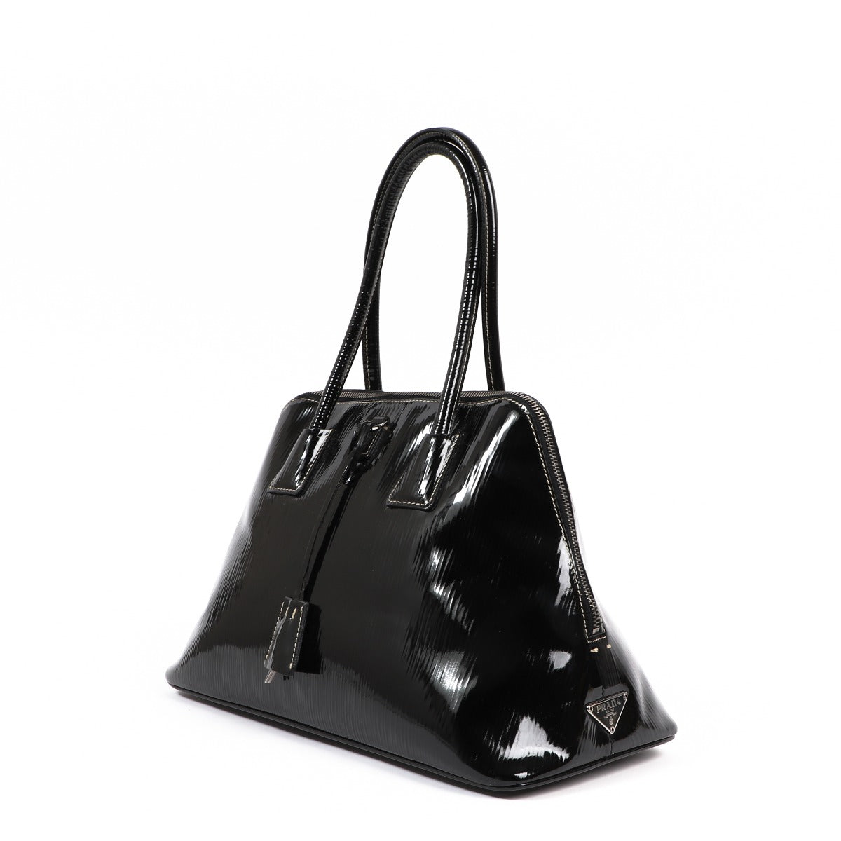 Buy an authentic second-hand Prada Black Patent Leather Spazzolato Logo Top Handle Bag in very good condition at Labellov in Antwerp.