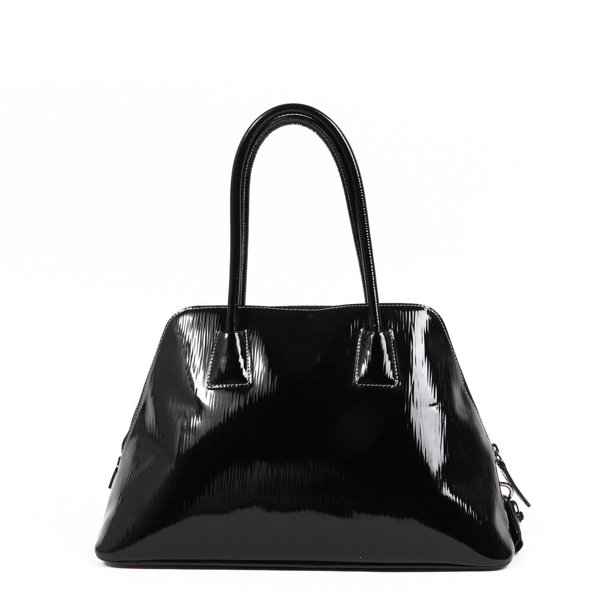 Buy an authentic second-hand Prada Black Patent Leather Spazzolato Logo Top Handle Bag in very good condition at Labellov in Antwerp.