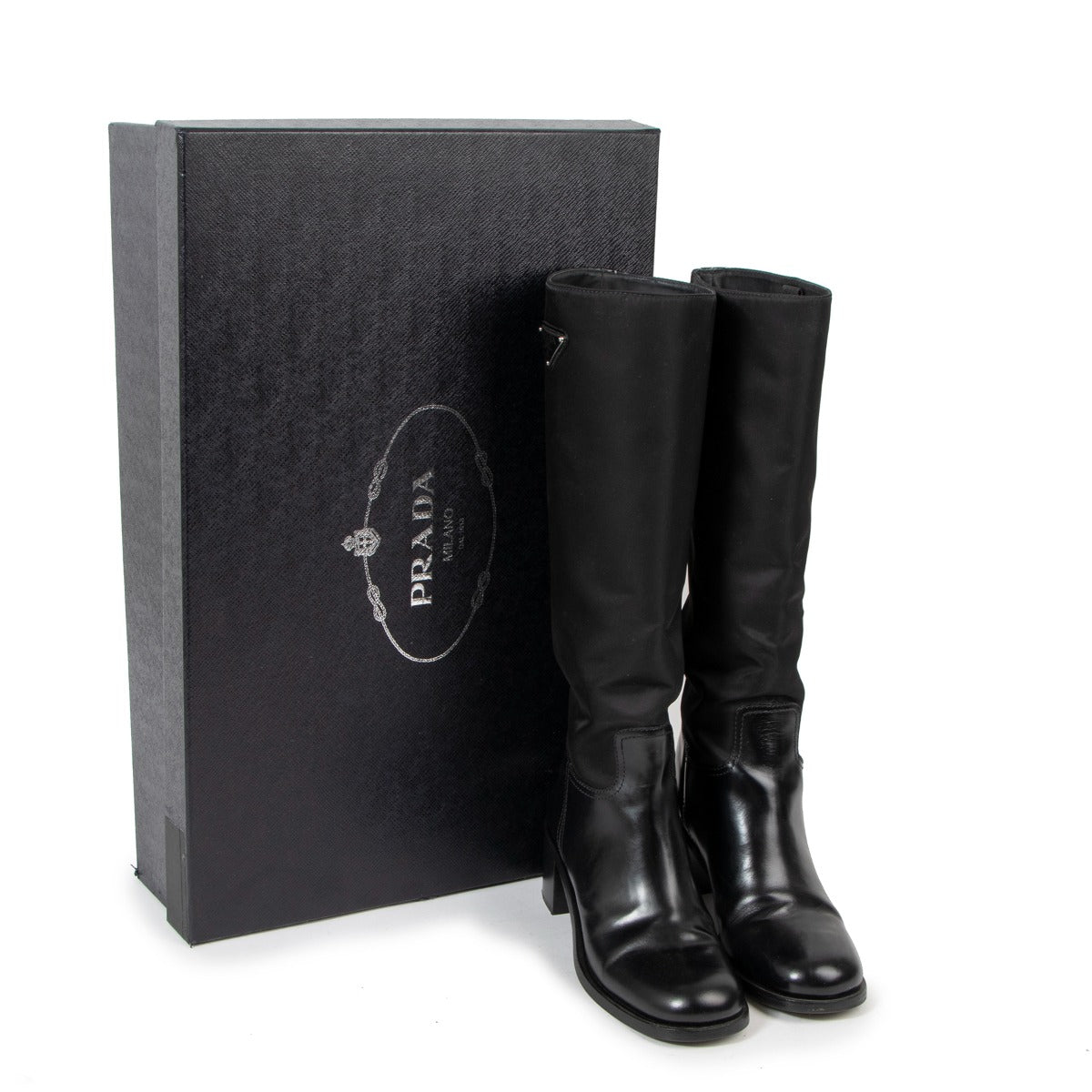 Buy authentic vintage Prada Black Brushed Leather & Nylon Boots in good condition at Labellov Antwerp.