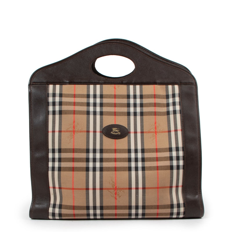 Burberry Vintage Check Brown Leather Tote Bag