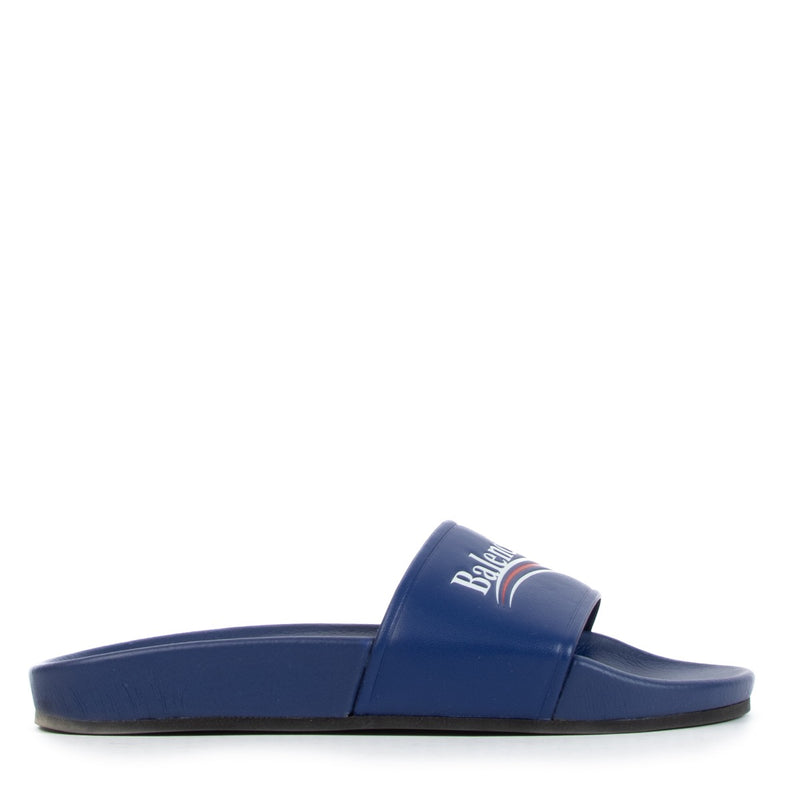 shop authentic second hand Balenciaga Blue Political Campaign Logo Leather Slides - size 36 on Labellov.com