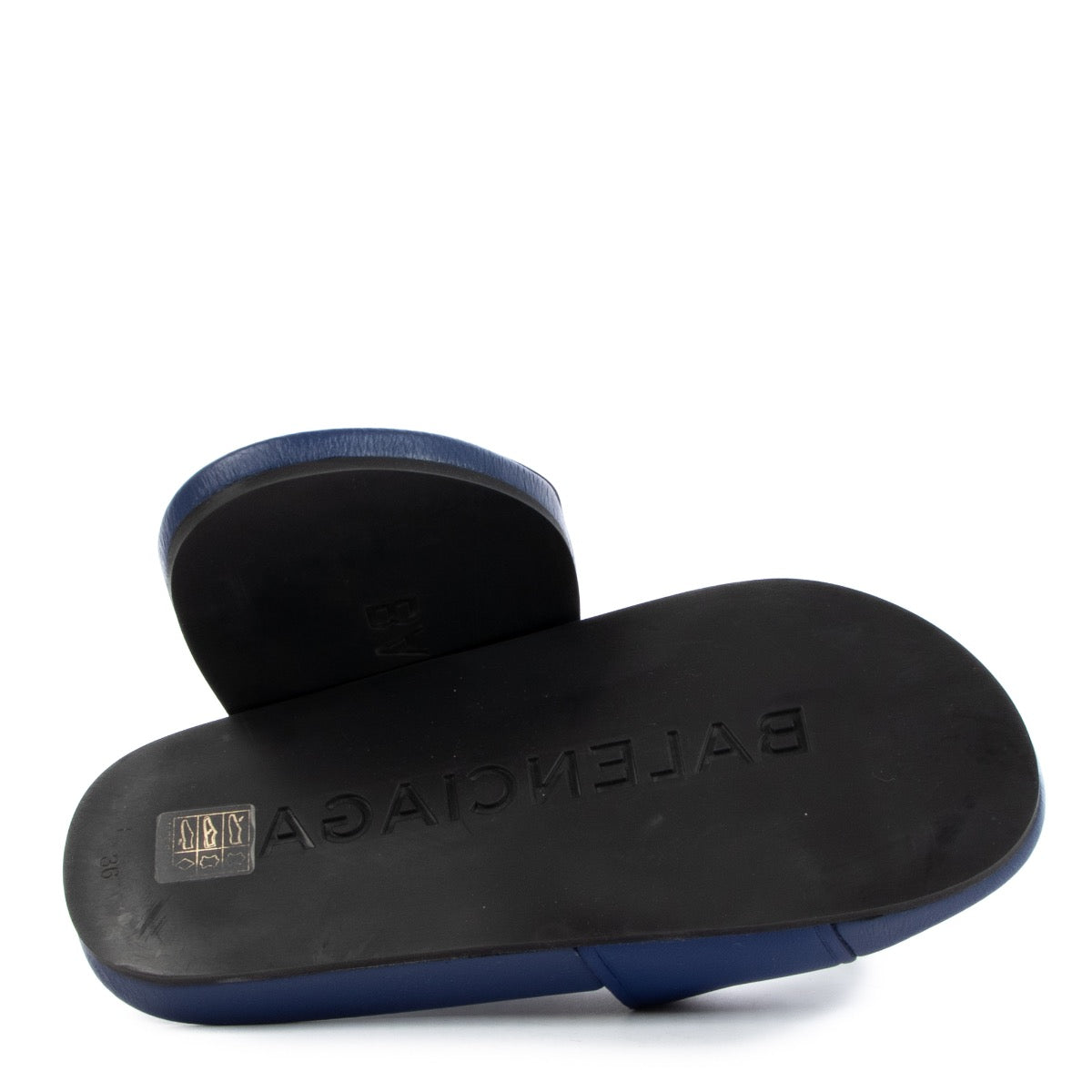 shop authentic second hand Balenciaga Blue Political Campaign Logo Leather Slides - size 36 on Labellov.com