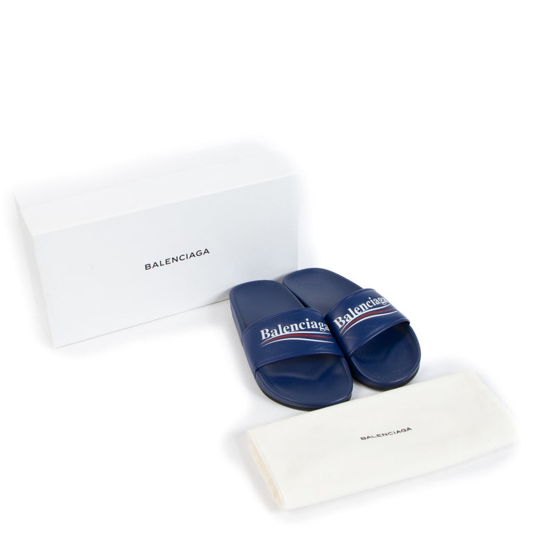 shop authentic second hand Balenciaga Blue Political Campaign Logo Leather Slides - size 36 on Labellov.com
