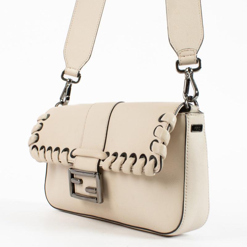 Fendi White Leather Whipstitch Baguette Bag with silver-tone FF hardware and leather strap at Labellov.com