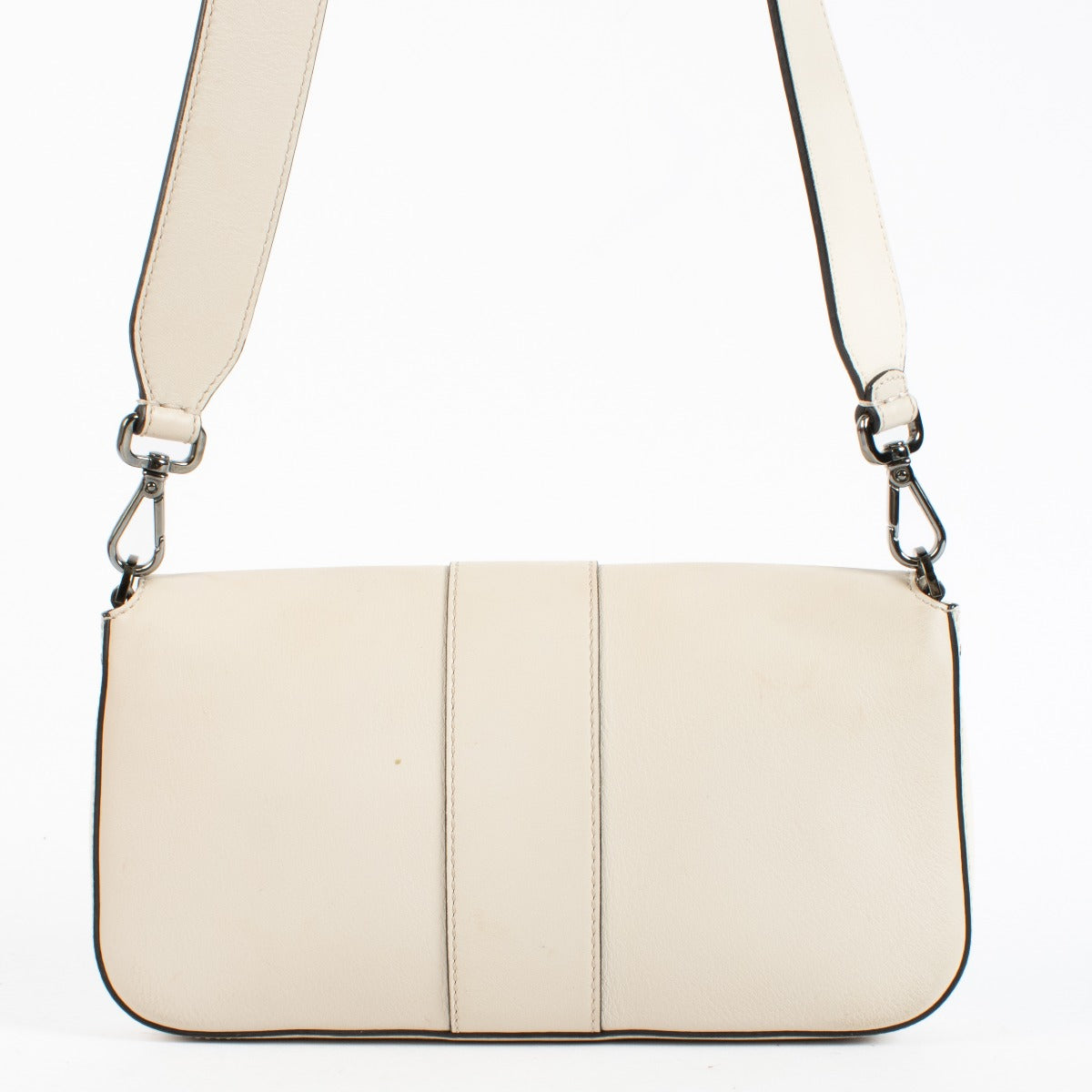 Fendi White Leather Whipstitch Baguette Bag with silver-tone FF hardware and leather strap at Labellov.com