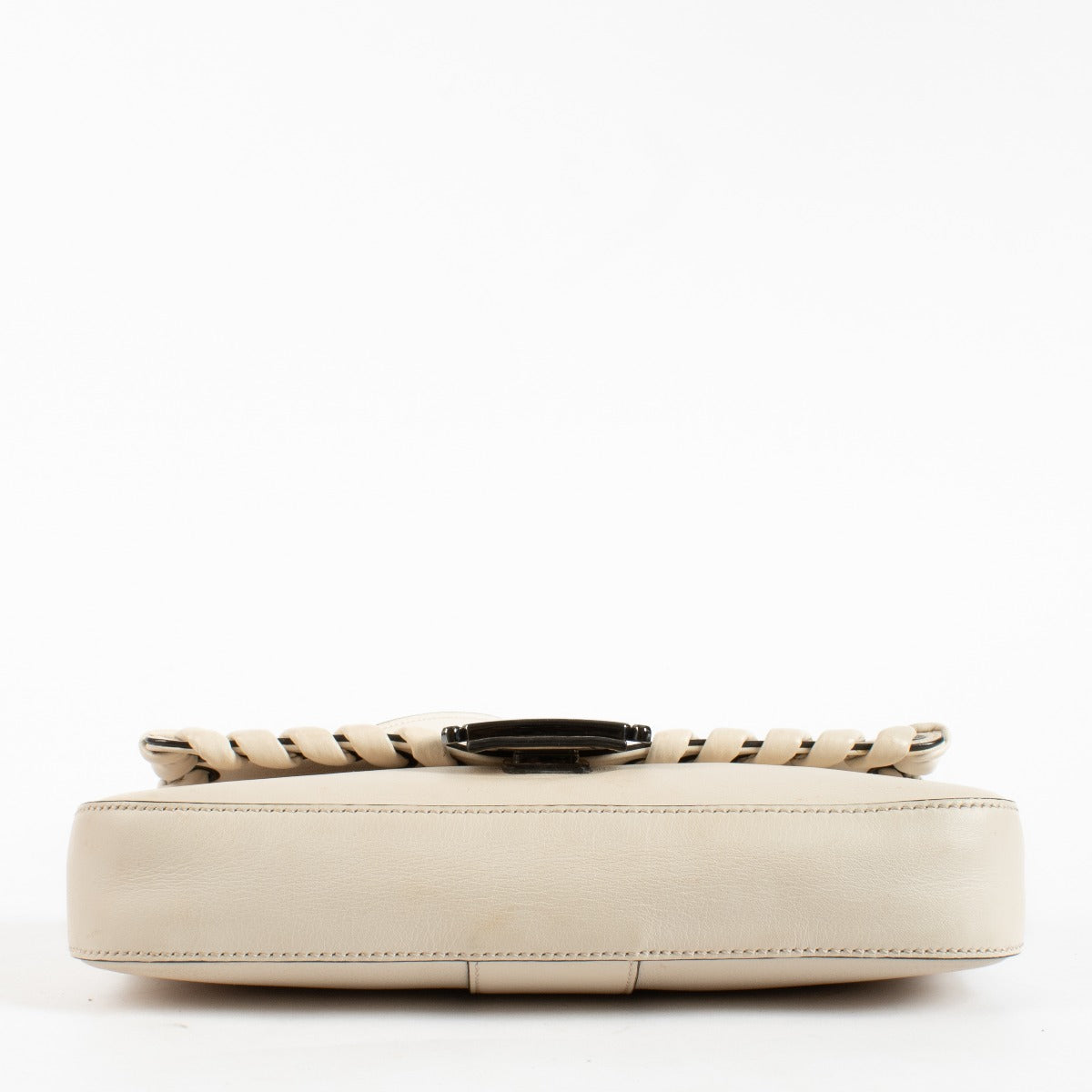 Fendi White Leather Whipstitch Baguette Bag with silver-tone FF hardware and leather strap at Labellov.com
