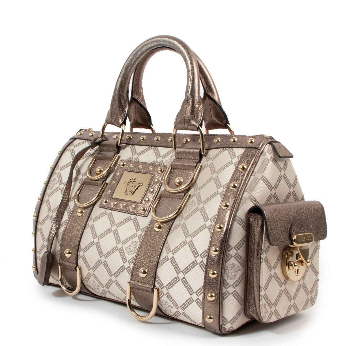 Buy an authentic second-hand Versace Metallic Bronze Snap Out Of It Top Handle Bag in very good condition at Labellov Antwerp.