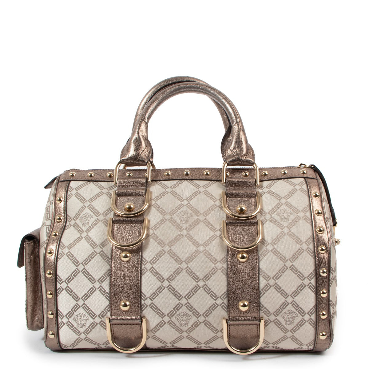 Buy an authentic second-hand Versace Metallic Bronze Snap Out Of It Top Handle Bag in very good condition at Labellov Antwerp.