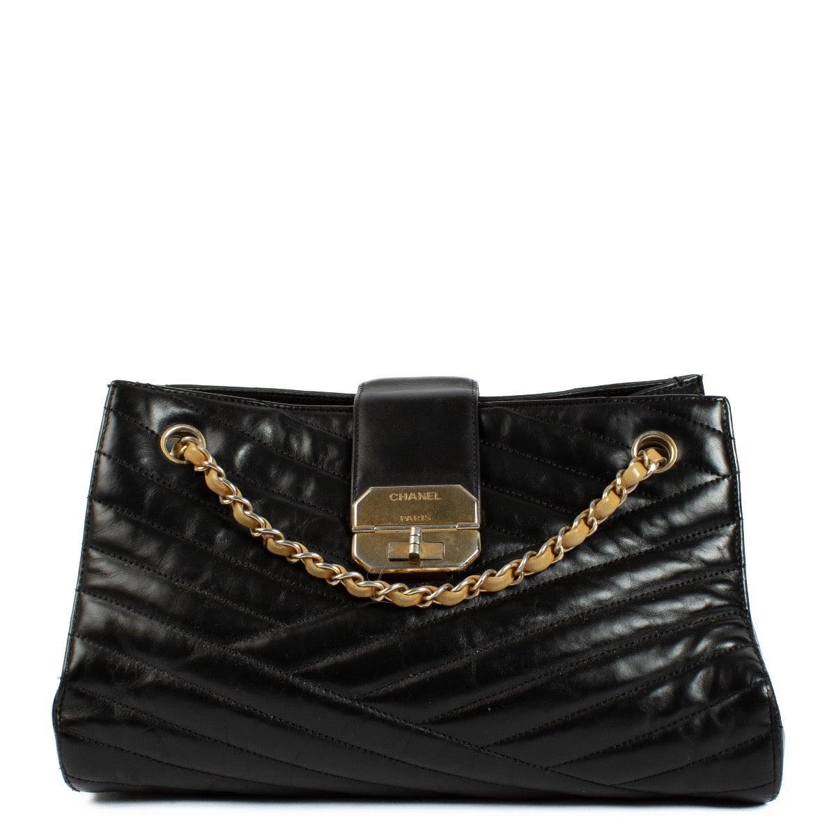 Buy authentic second hand Chanel Black Quilted Chevron Lambskin Gabrielle Tote Gold Hardware, 2012 at Labellov.com