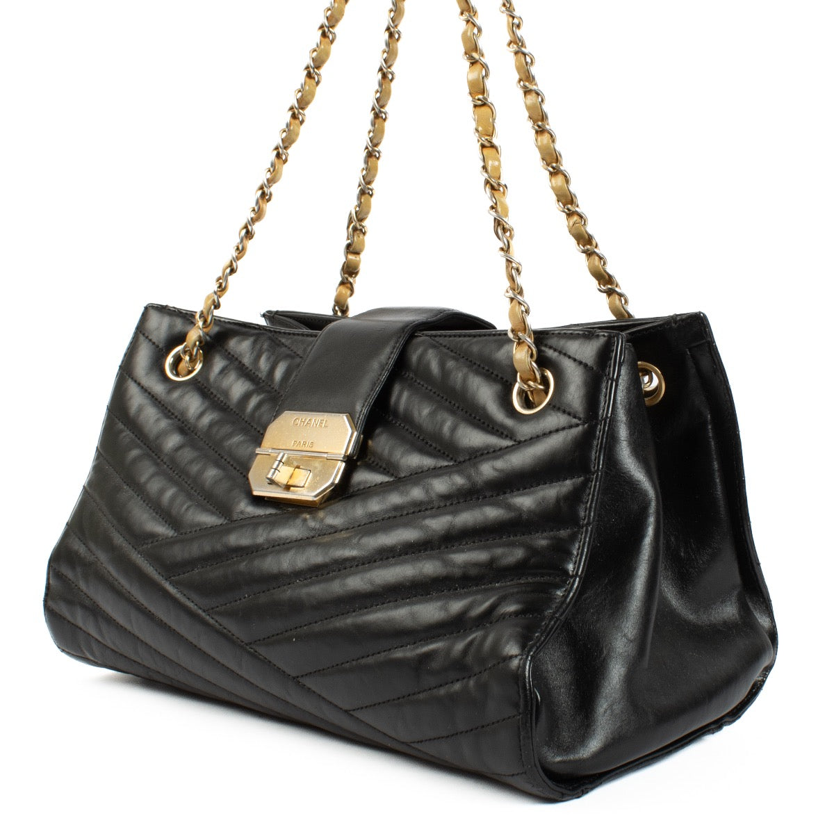 Buy authentic second hand Chanel Black Quilted Chevron Lambskin Gabrielle Tote Gold Hardware, 2012 at Labellov.com