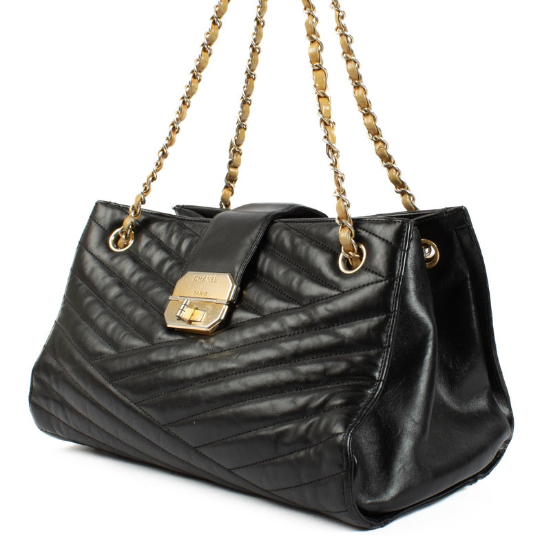 Buy authentic second hand Chanel Black Quilted Chevron Lambskin Gabrielle Tote Gold Hardware, 2012 at Labellov.com