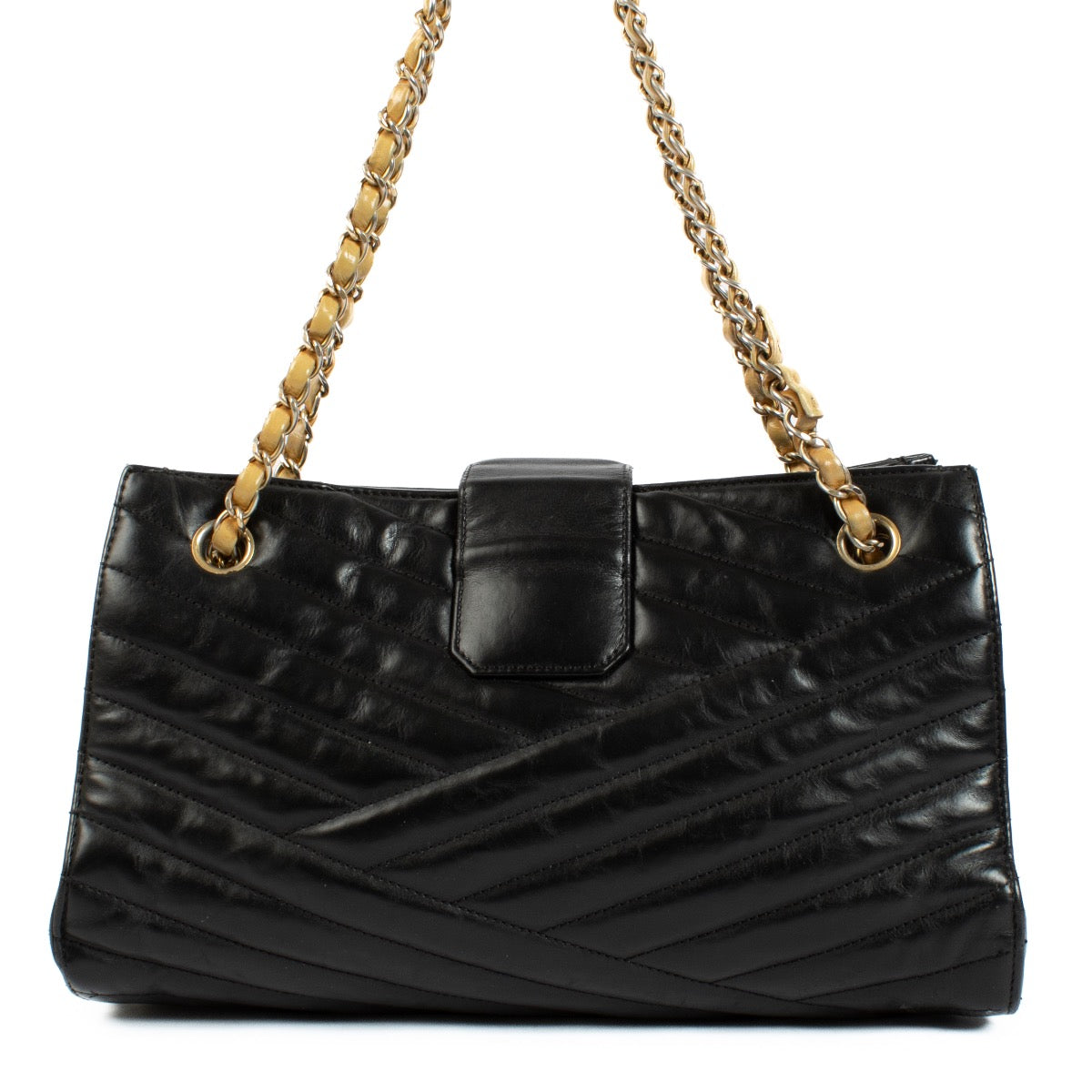 Buy authentic second hand Chanel Black Quilted Chevron Lambskin Gabrielle Tote Gold Hardware, 2012 at Labellov.com