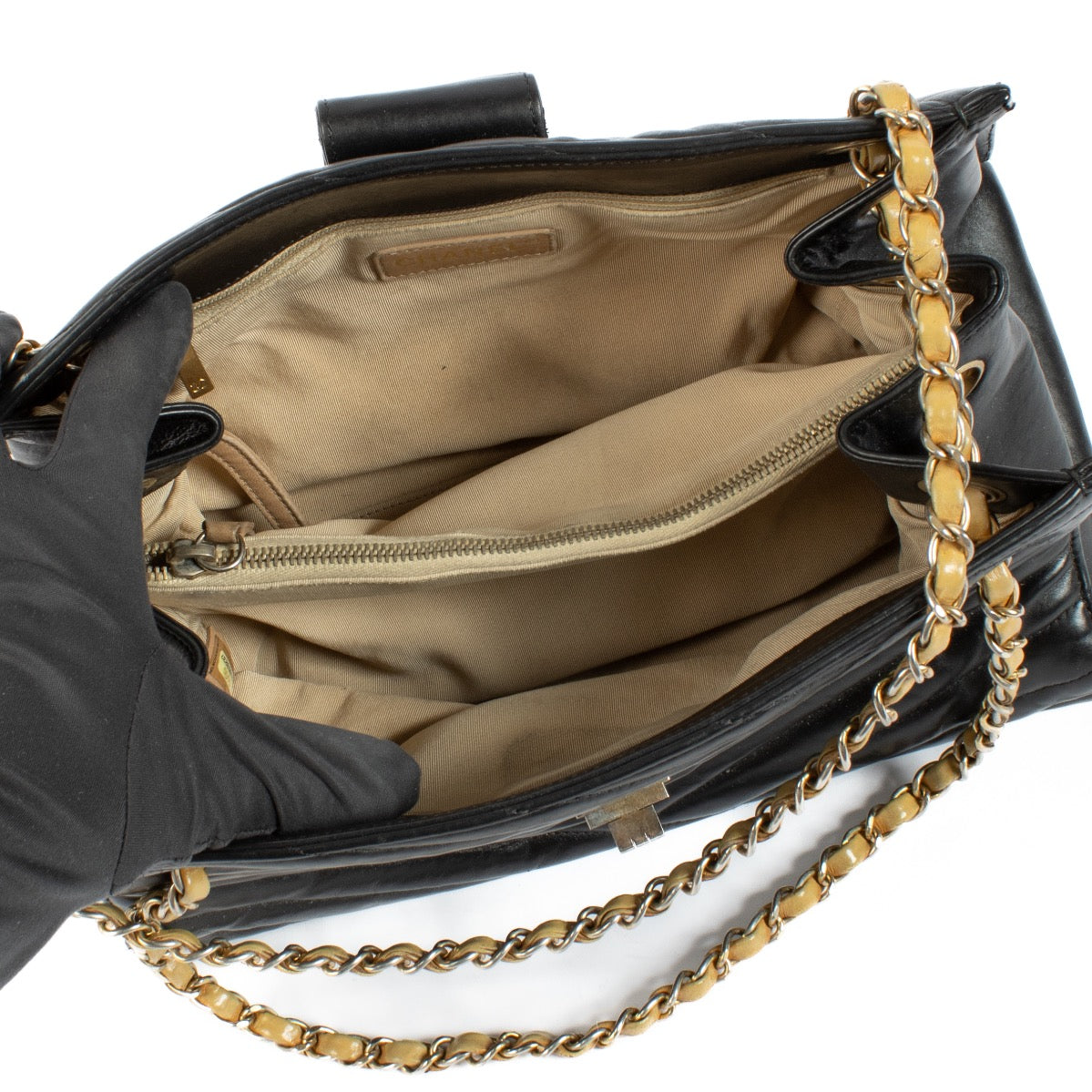 Buy authentic second hand Chanel Black Quilted Chevron Lambskin Gabrielle Tote Gold Hardware, 2012 at Labellov.com