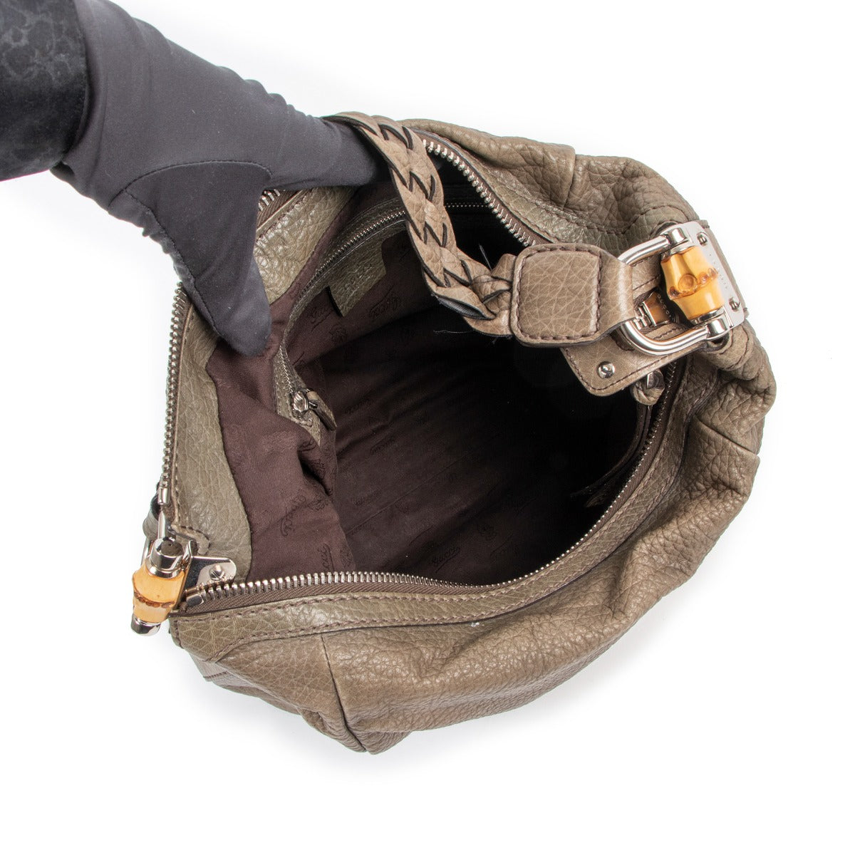 Gucci Khaki Leather Bamboo Shoulder Bag
