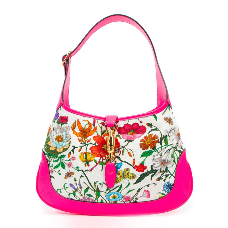 Buy an authentic second-hand Gucci Pink Jackie Hobo Flora Shoulder Bag in very good condition at Labellov Antwerp.