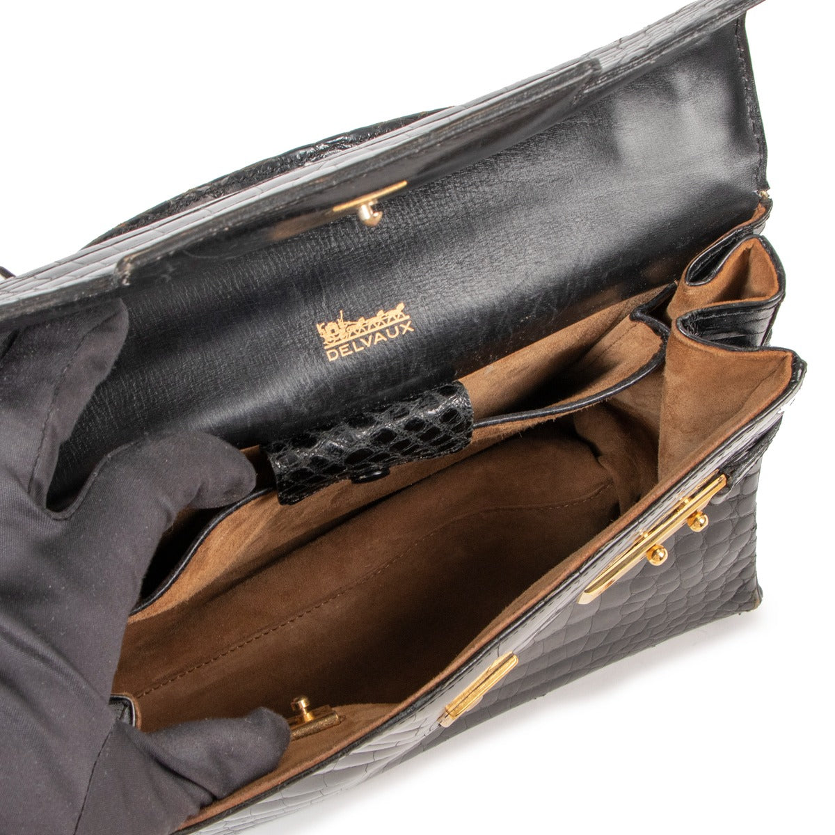 Sac Delvaux Tempête MM en crocodile noir avec poignée supérieure