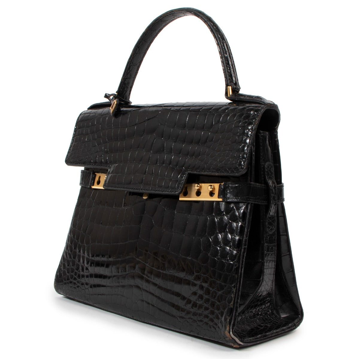 Delvaux Tempête MM Black Crocodile Top Handle Bag