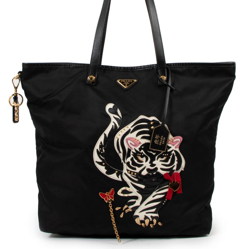 Buy an authentic second hand Prada Black Nylon Year Of Tiger Tote Bag in good condition at Labellov Antwerp.