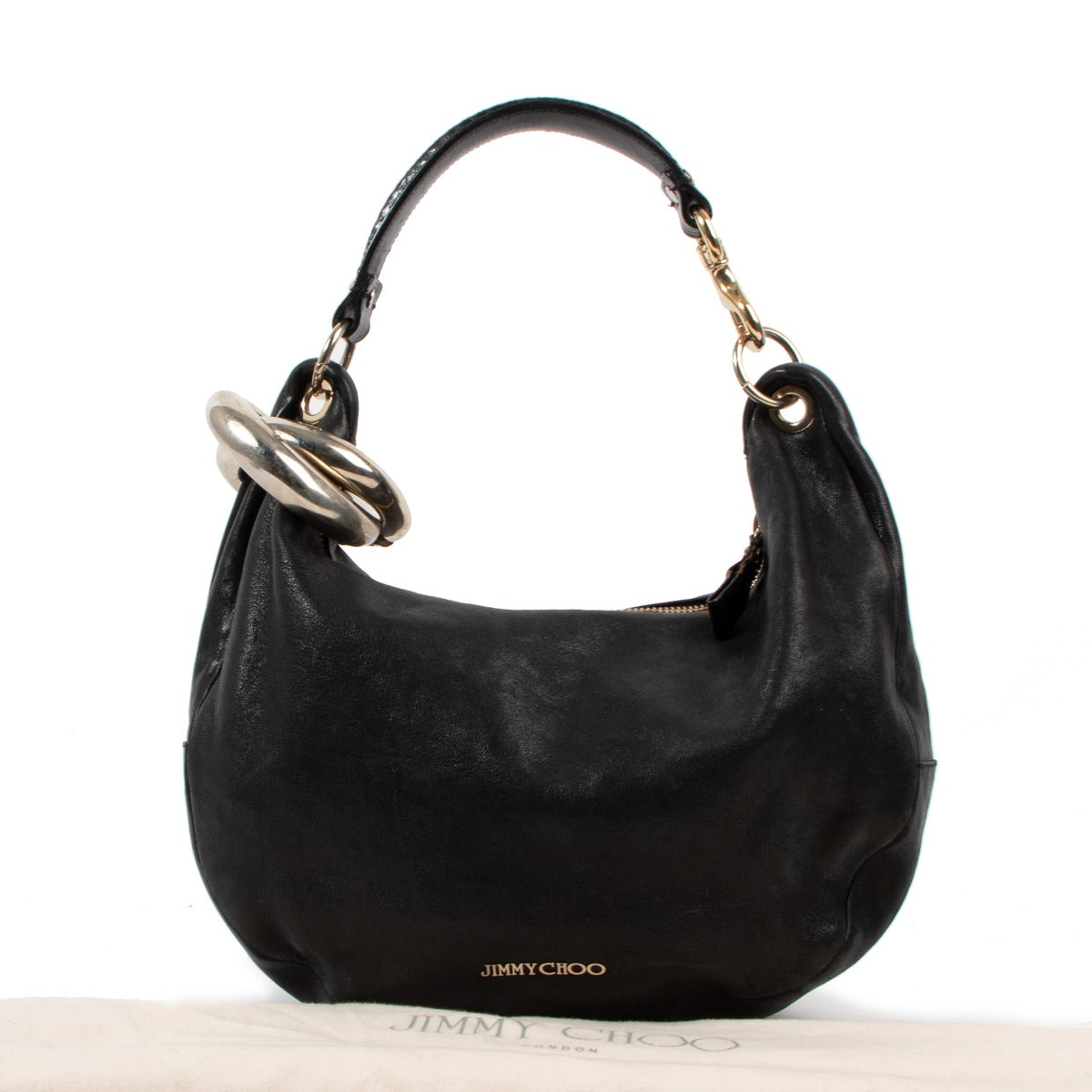 Buy an authentic second hand Jimmy Choo Black Graind Leather Snakeskin Trim Sky Bangle Hobo Bag in good condition at Labellov Antwerp.
