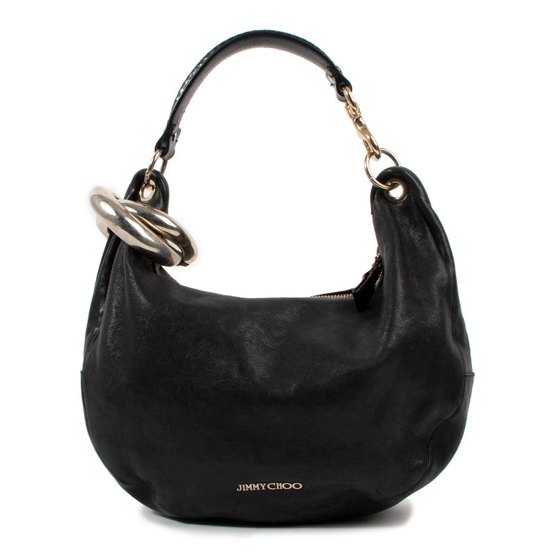 Jimmy Choo Black Graind Leather Snakeskin Trim Sky Bangle Hobo Bag