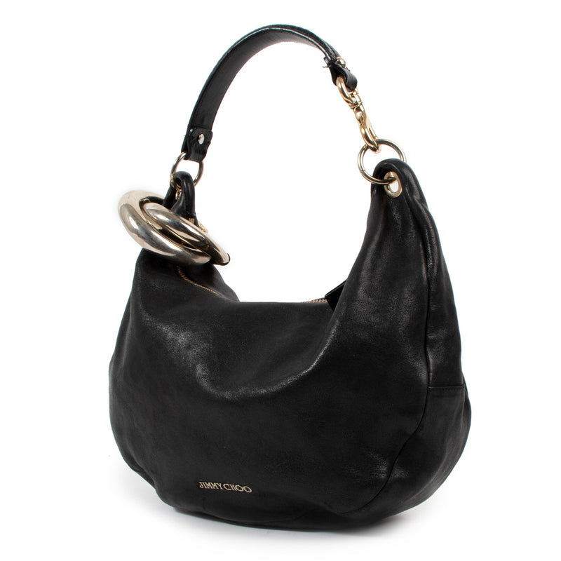 Buy an authentic second hand Jimmy Choo Black Graind Leather Snakeskin Trim Sky Bangle Hobo Bag in good condition at Labellov Antwerp.