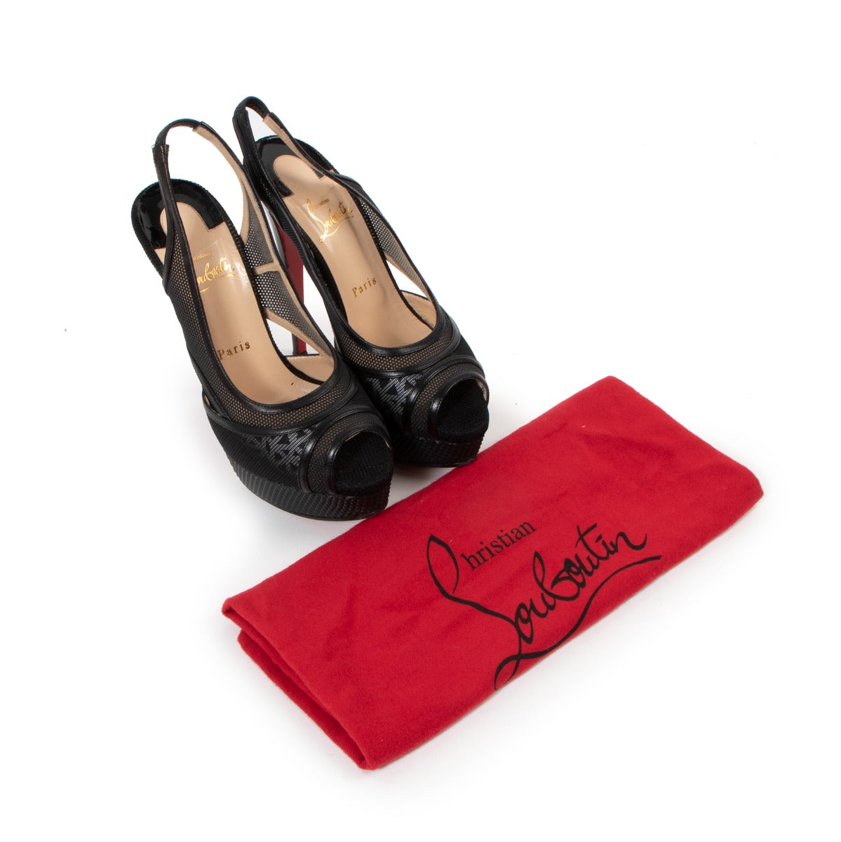 Christian Louboutin Black Mesh Leather Trim Marina Slingback Platform Sandals - Size 38