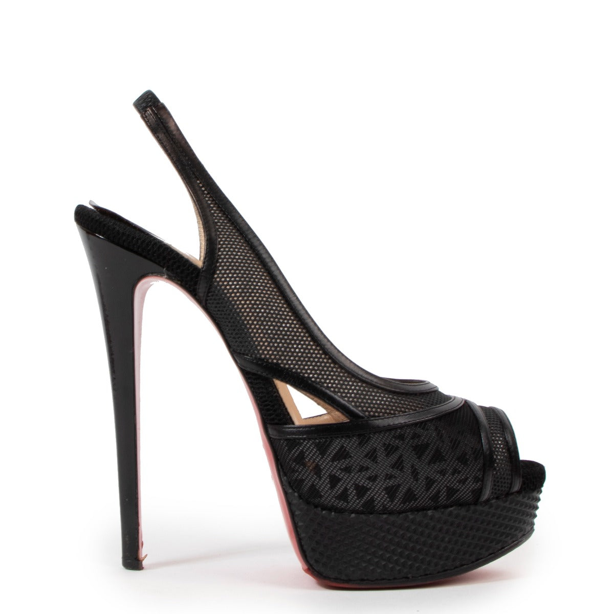 Christian Louboutin Black Mesh Leather Trim Marina Slingback Platform Sandals - Size 38