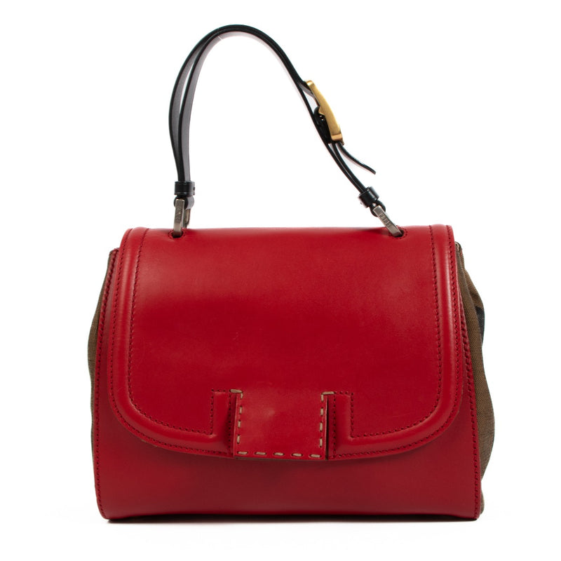 Fendi Red Leather Pequin Canvas Silvana Top Handle Bag