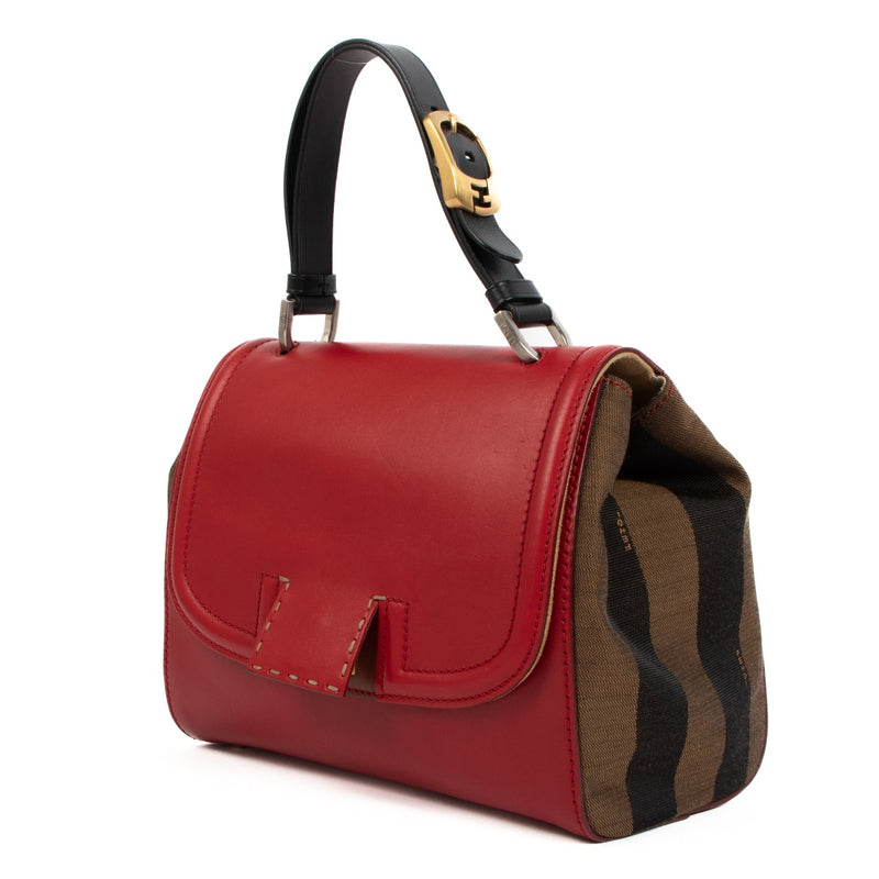 Fendi Red Leather Pequin Canvas Silvana Top Handle Bag