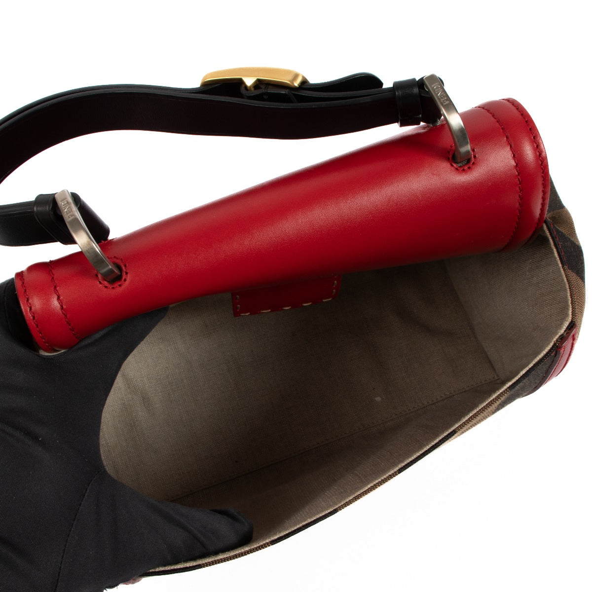 Fendi Rode Leren Pequin Canvas Silvana Handtas