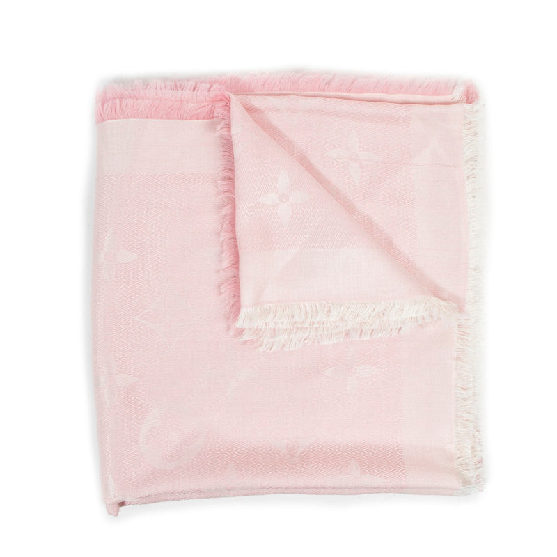 Buy an authentic second hand Louis Vuitton Pink Silk Monogram Shine Tuch Scarf in very good condition at Labellov Antwerp.