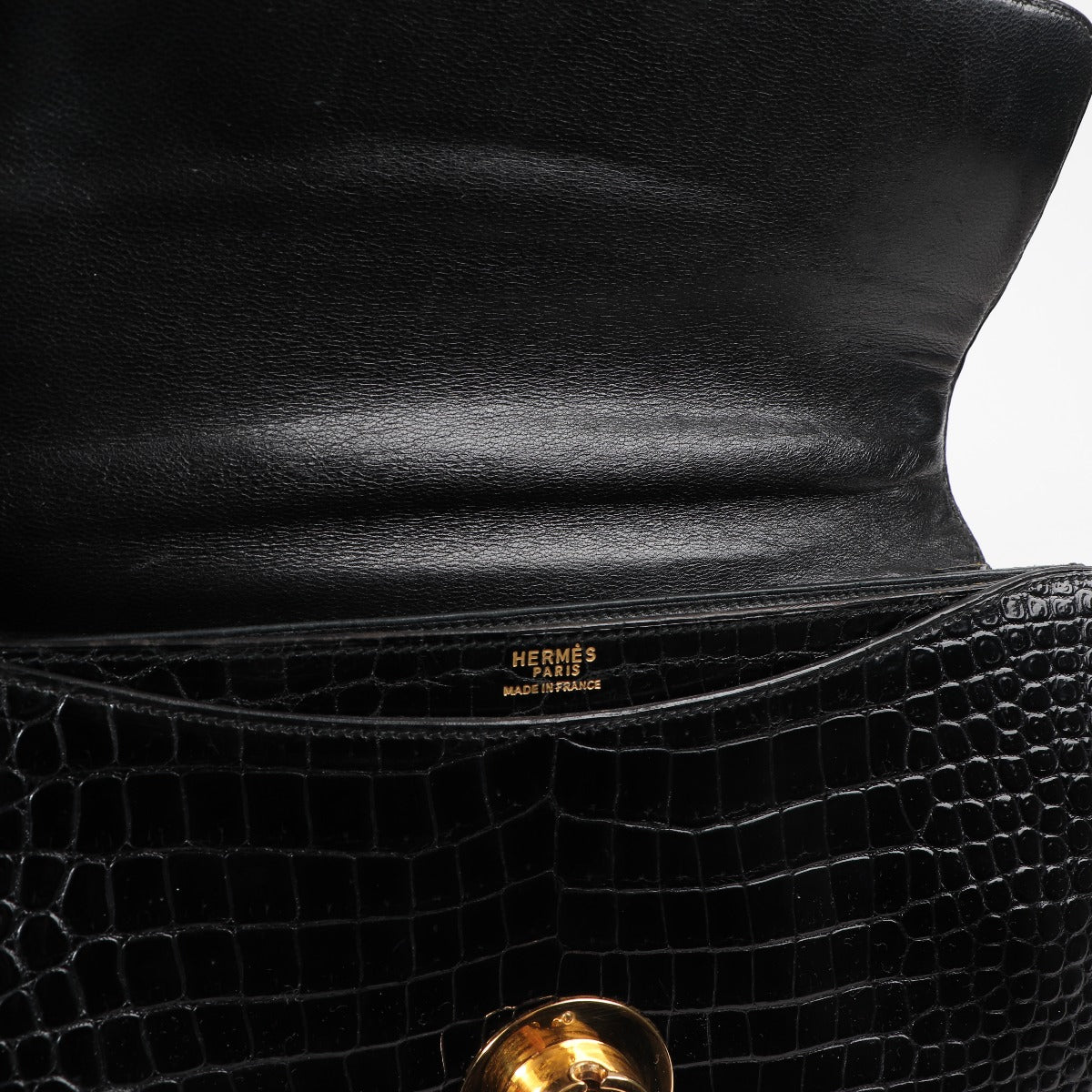 Hermès Black Crocodile Porosus Vintage Ring Top Handle Bag