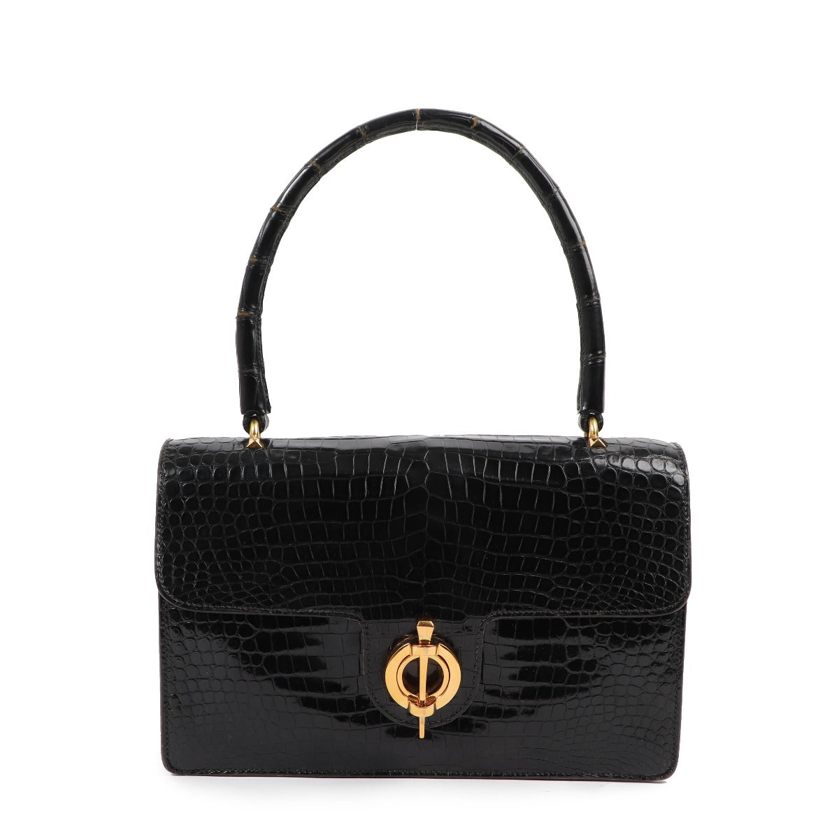 Hermès Black Crocodile Porosus Vintage Ring Top Handle Bag