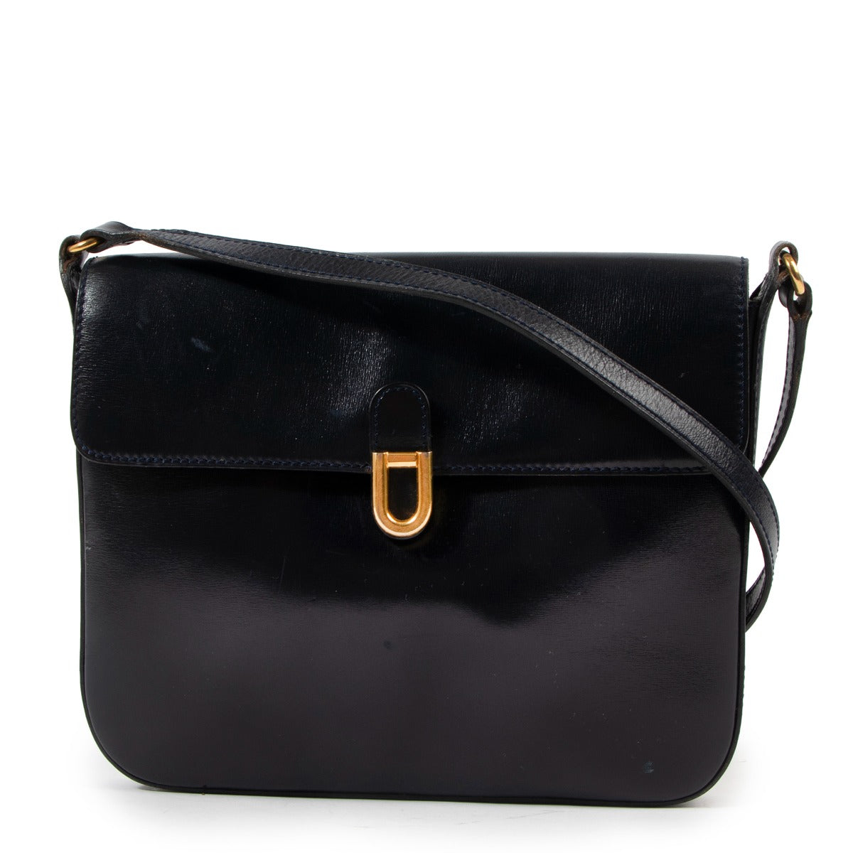 Buy a vintage original Delvaux Midnight Blue Leather Crossbody Bag in good condition at Labellov Antwerp.