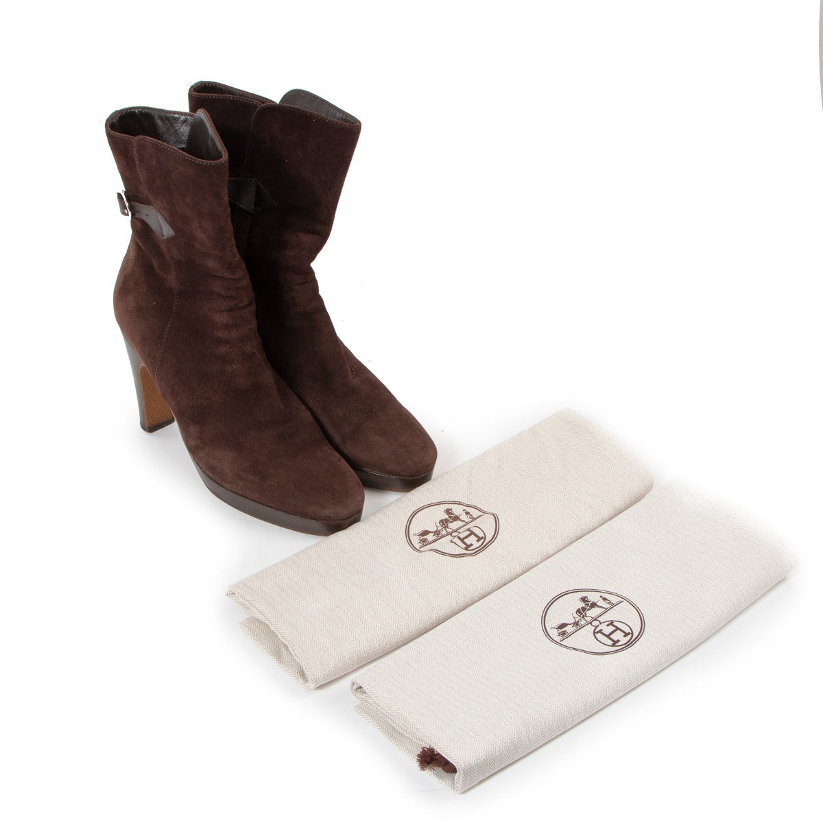 Buy an authentic second hand Hermès Brown Suede Leather Pull On Tall Buckle Boots in good condition at Labellov Antwerp.
